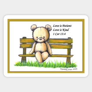 Bear on Bench 1 Cor 13:4 Sticker